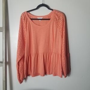 TIME AND TRU BRIGHT ORANGE PEPLUM BLOUSE WITH EYELET SLEEVES SIZE XL